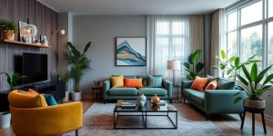 Camera amenajată cu mobilier modern și decor vibrant.