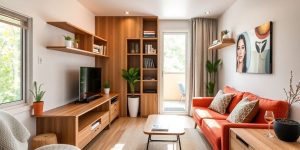 Spațiu mic optimizat cu mobilă multifuncțională și depozitare.