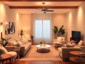 Iluminat cald într-un living modern și primitor.