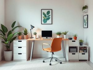 Birou acasă confortabil și creativ, cu plante decorative.