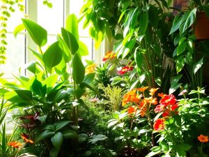 O grădină interioară plină de plante verzi și colorate.