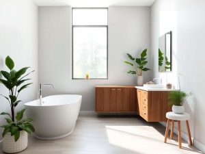 Baie modernă, luminoasă, cu plante și elemente naturale.