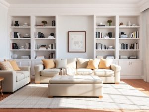 Cameră de zi luminoasă, organizată, cu mobilier modern și rafturi ordonate.