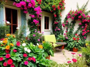 Grădină primitoare cu terasă amenajată, plină de flori.