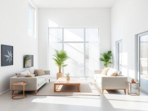 Cameră luminoasă cu mobilier minimalist și plante verzi.