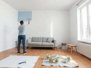 Persoană vopsind perete albastru deschis într-o cameră cu mobilier simplu