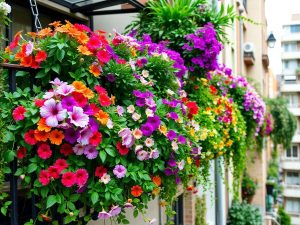 Grădină suspendată urbană vibrantă cu flori și plante.