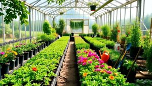 Seră plină cu plante verzi și flori colorate.