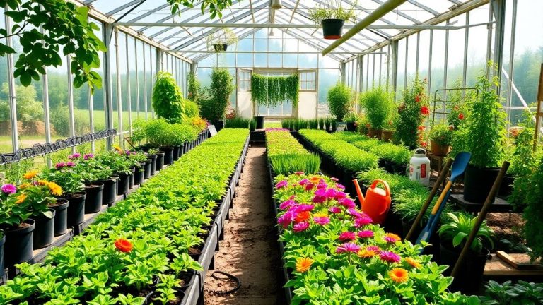 Seră plină cu plante verzi și flori colorate.