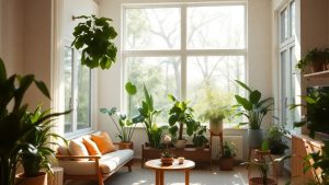 Interior cu plante verzi și mobilier din lemn.